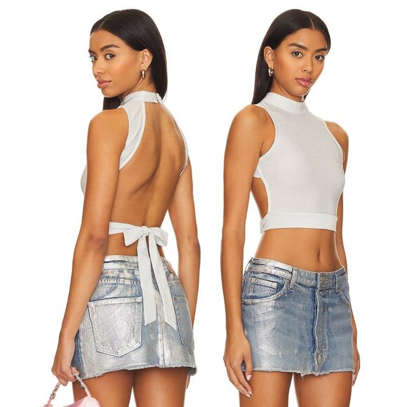 NEW superdown REVOLVE Sophie Metallic Silver Open Back Crop Top Size XL - Picture 3 of 9